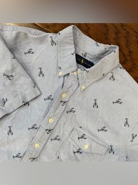 Ralph Lauren Shirt Men's 2XL Blue All Over Lobster Oxford Short Sleeve Button Up